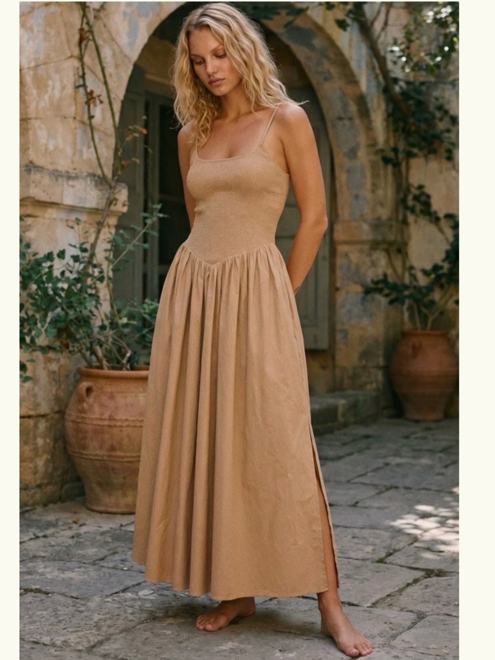Smocked Bodice Tan Maxi Dress with Side Slit